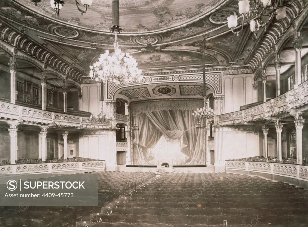 Spain. Catalonia. Barcelona. Lyric Theatre or Lyric Theatre Beethoven room. Founded in 1881. built by architect Salvador Sabate i Vinals. Mallorca Street, 277. Property Spanish financier and patron, Evaristo Arnus (1820-1890). Ancient hall and stage. Archive. Library Barcelona.