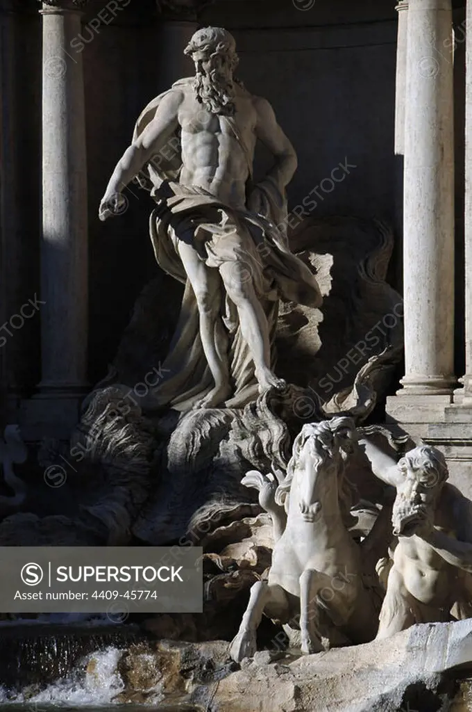 Italy. Rome. Trevi Fountain. Baroque. Designed by Nicola Salvi and completed by Pietro Bracci. 1762. Two tritons guide the carriage in the form of a shell of Neptune, taming two Hippocampus.