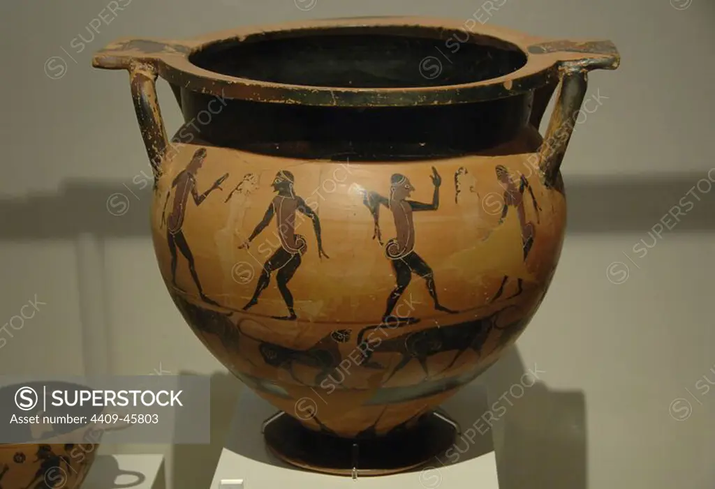 Greek Art. Archaic period. Krater painted with scenes of men and women dancing. Below, is depicted panthers and wild goats. It comes from Kaza (Eleftheros). Komast Style Group. Dated between 580-570 BCE National Archaeological Museum. Athens. Greece.