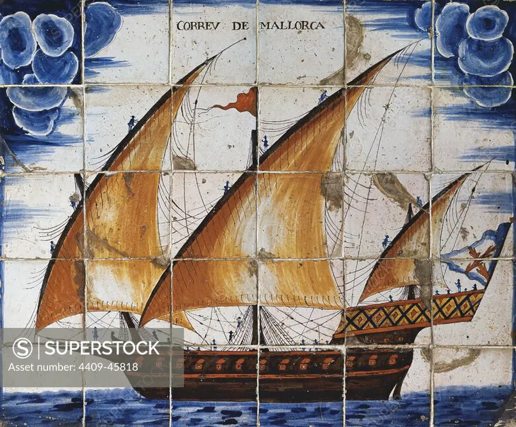 Ceramic panel depicting the Mail of Mallorca, xebec type ship, 18th century. Barcelona Maritime Museum. Spain.