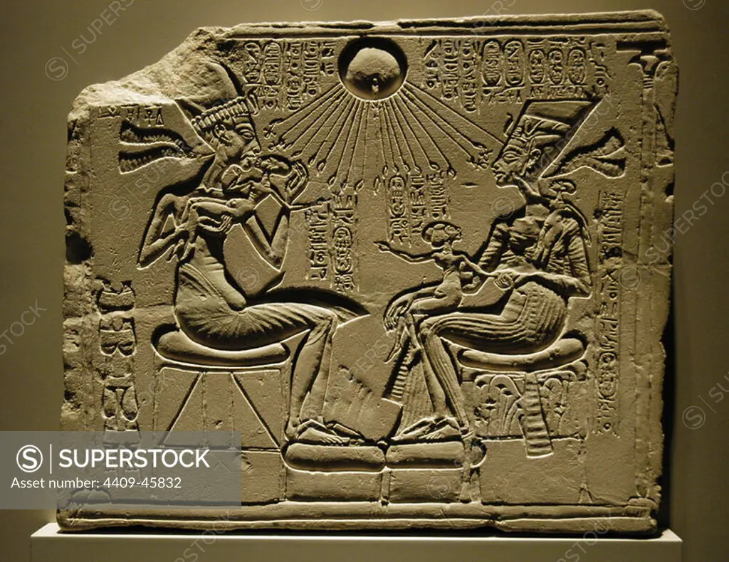 Egyptian art. A house altar depicting Akhenaten, Nefertiti and three of their Daughters. Relief. Limestone. New Kingdom. Amarna period. 18th dynasty. C. 1350 B.C. Egyptian Museum of Berlin. Germany.