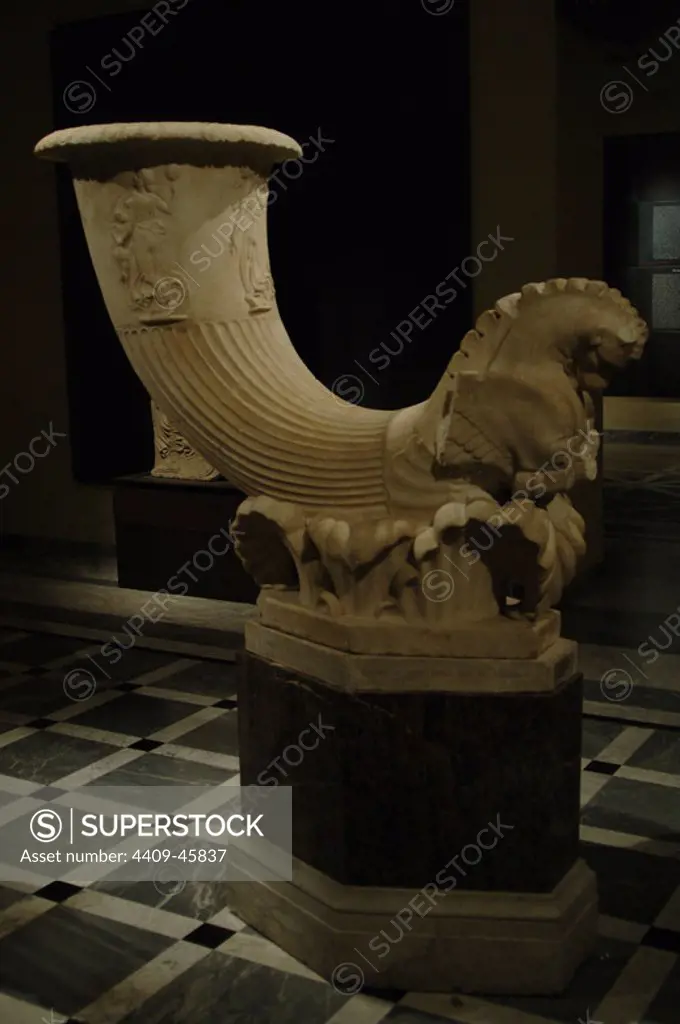Roman Art. Fountain in the form of a horn-shaped drinking cup (rhyton) signed by Pontios Marble. Early Augustan period. 1st. century B.C. Pentelic marble. It comes from Rome. Capitoline Museums. Rome. Italy.