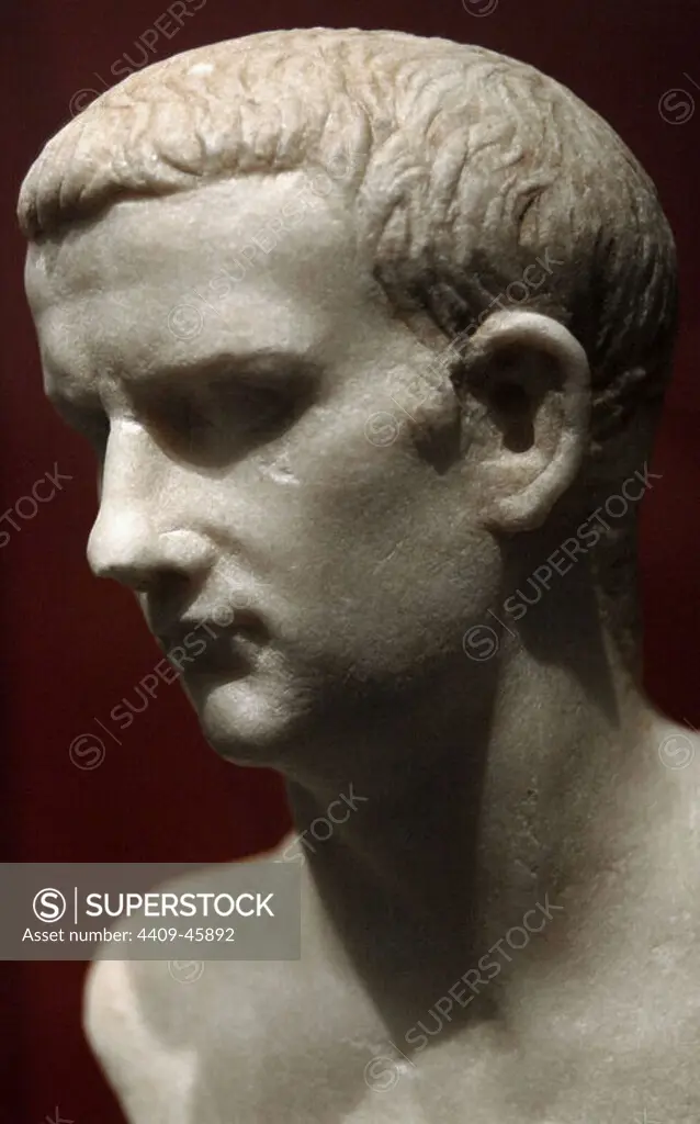Caligula, Gaius Julius Caesar (12-41). Roman Emperor (37-41). Bust. Found in the Tiber river. Marble. Palazzo Massimo. National Roman Museum. Rome. Italy.
