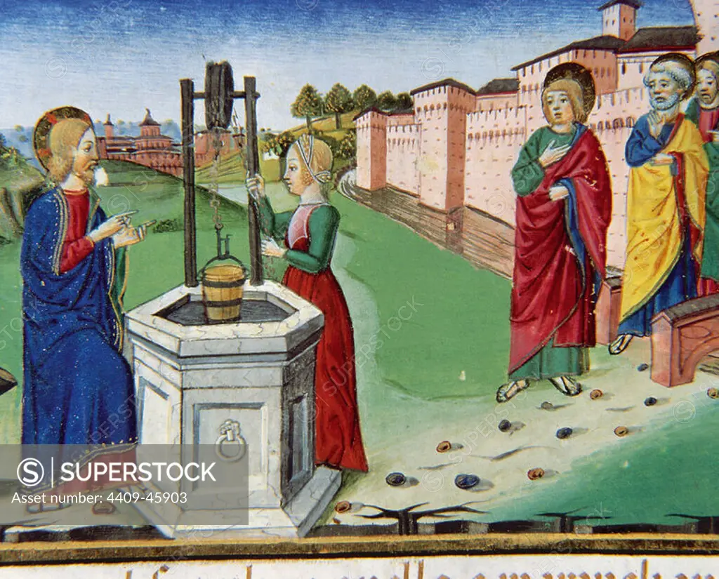 Jesus asks a Samaritan woman of Sychar for water from Jacob's Well. Codex of Predis (1476). Royal Library. Turin. Italy.