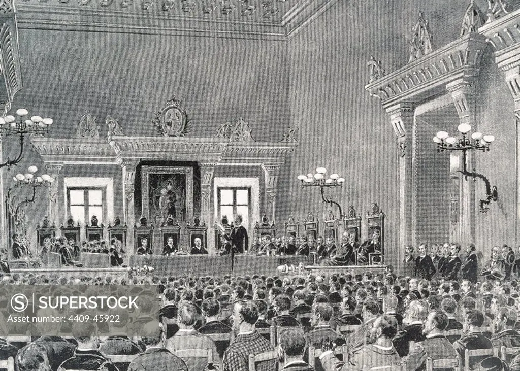 Bases of Manresa, 1892. Autonomist program developed in Manresa, Catalonia, by the elected between the Catalanist Union and regionalist groups of conservative ideology. The Catalanist Assembly in the session hall of the House of the City. After a drawing by J. Pahissa.