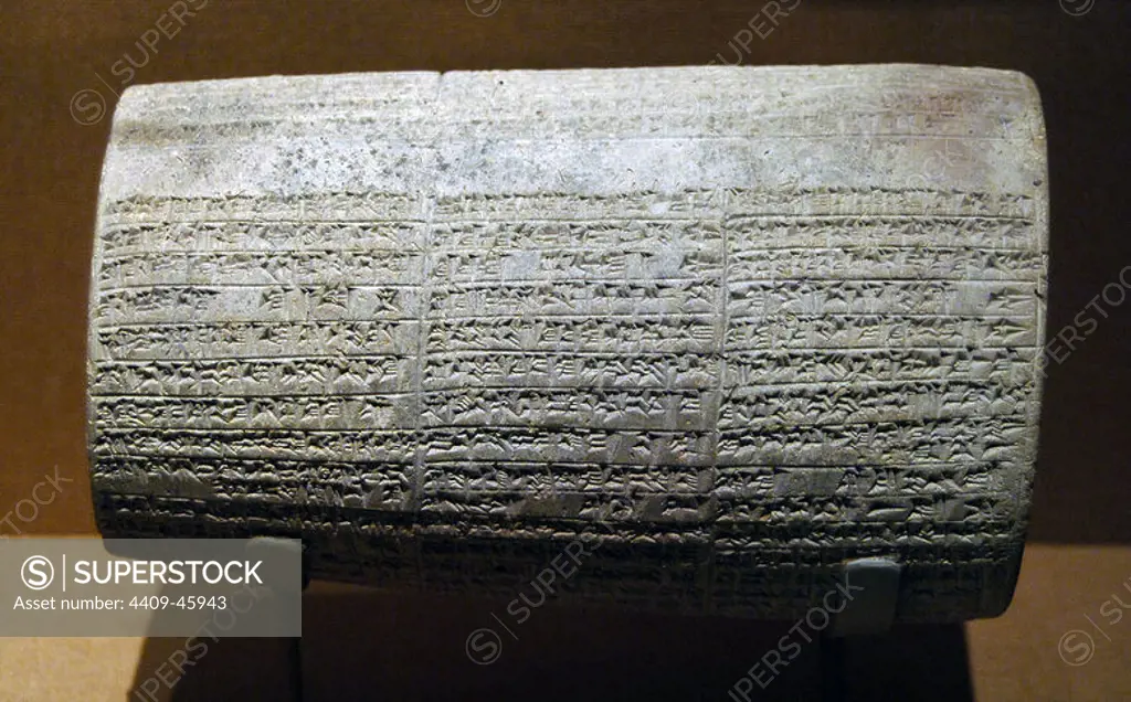 Mesopotamian art. Neo-Babylonian.Cylinder with cuneiform inscriptions of Nebuchadnezzar II listing building activities. 6th century BC. Ceramic. Metropolitan Museum of Art. New York. United States.