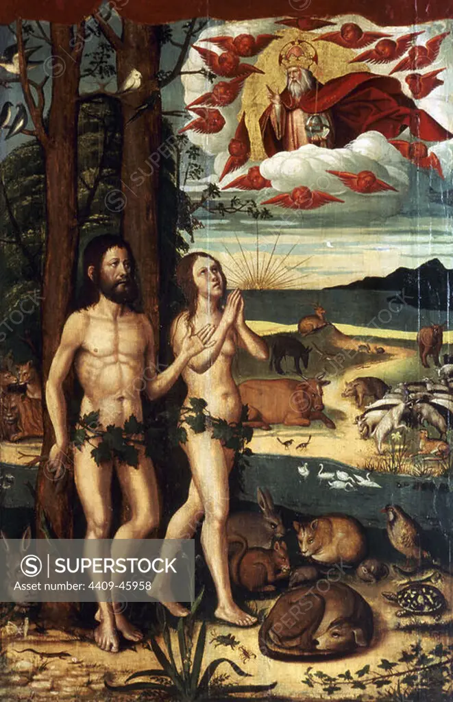 Pere Mates (1500-1558). Reinassance painter Spanish. Altarpiece of Santa Maria of Seguero. Detail. Adam and Eve in Paradise. Girona Art Museum. Catalonia. Spain.