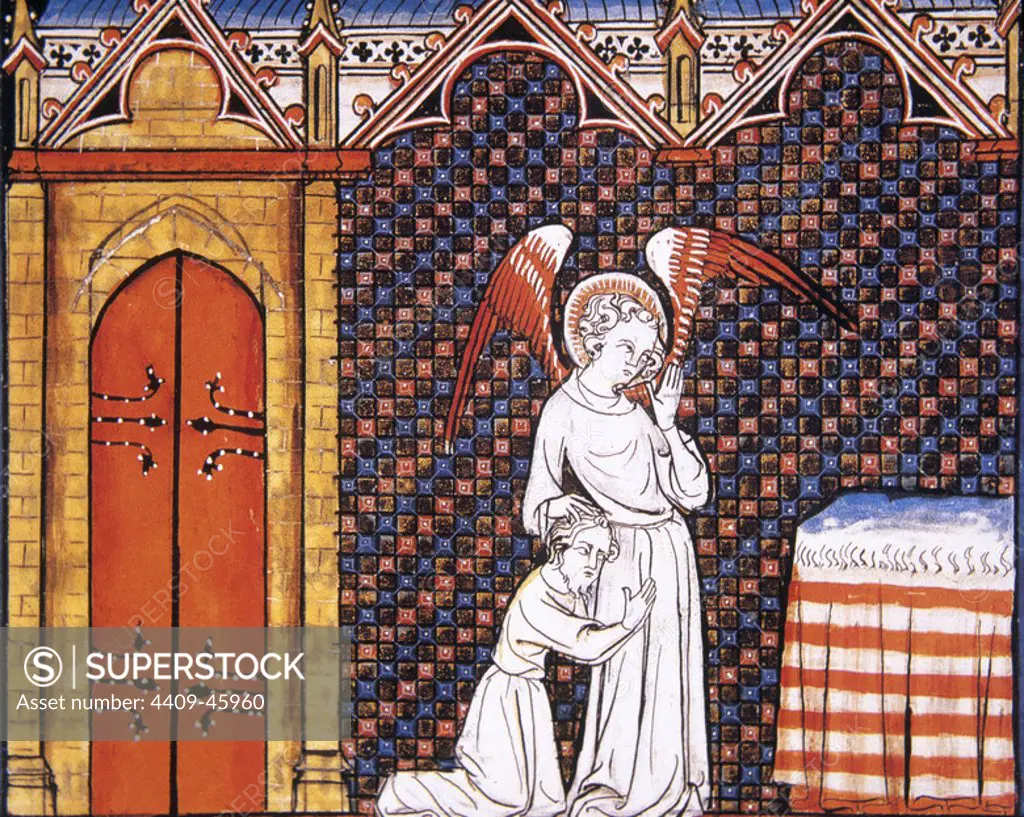 "ANGEL CUSTODIO" protegiendo a un devoto de las fuerzas del mal. Miniatura de "Recopilación de tratados de devoción", del siglo XIV. Castillo de Chantilly. Francia.