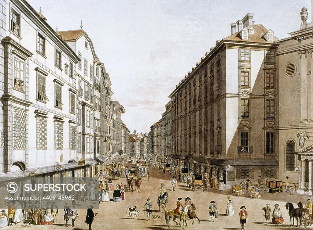 Austria. Vienna. Kohlmarkt Street. 1786. Engraving. Colored.