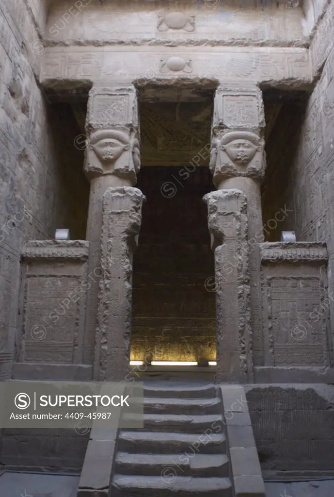 Egypt. Dendera. Hathor Temple. New Year Chapel with Hathoric columns. Entrance.