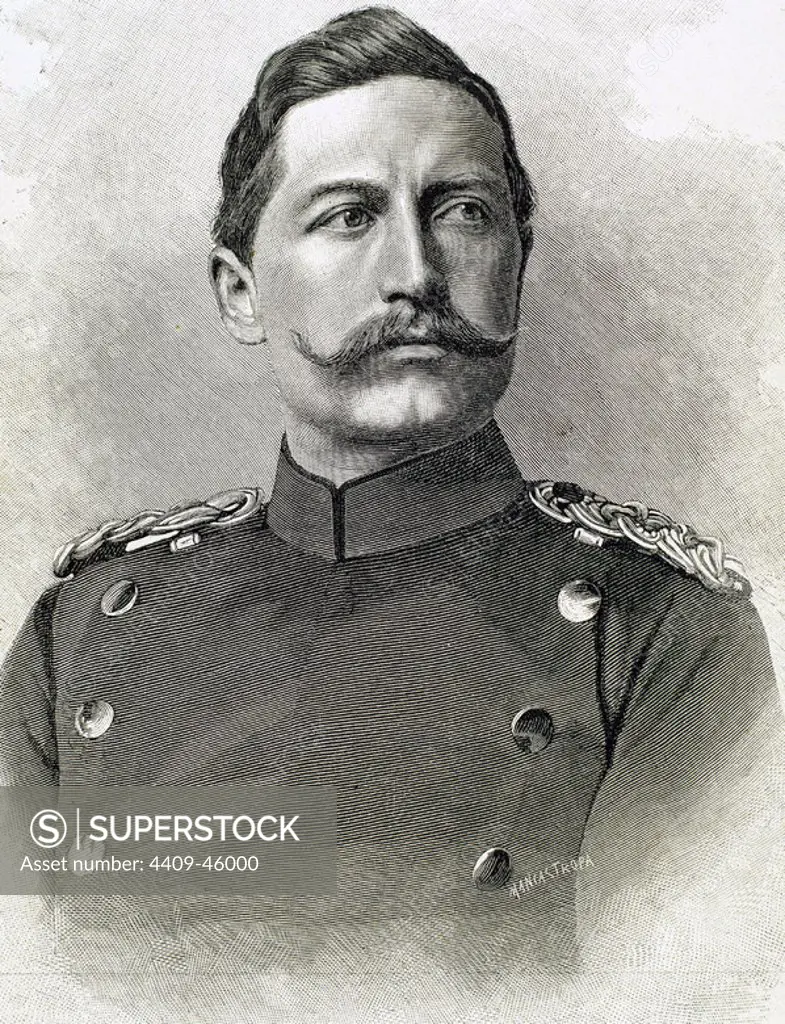 Wilhelm II of Germany (Potsdam ,1859-Doorn, 1941). King of Prussia and German Emperor (1888-1918), son and successor of Frederick III. Engraving.