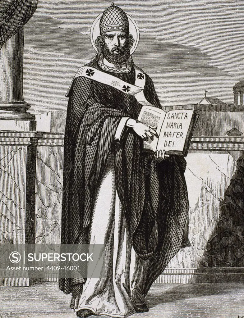 Saint Celestine I. Italian Pope from 422 until 432. Engraving by Carretero.