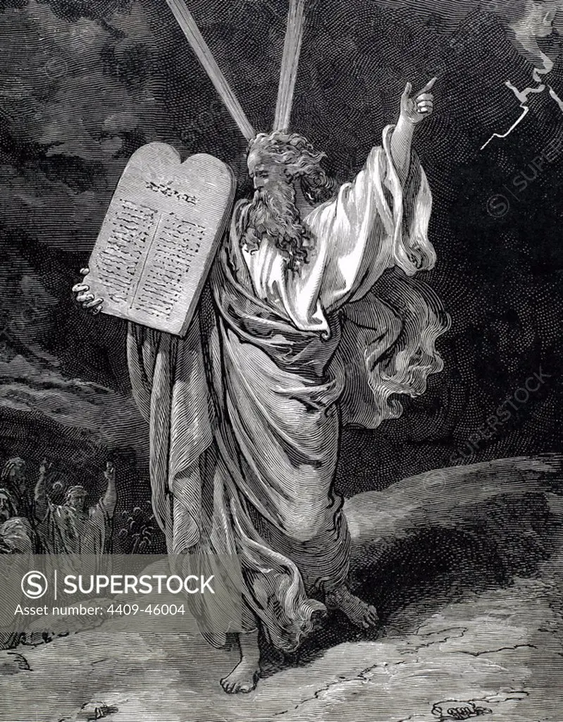 Moses received the Tablets of Law. Engraving.
