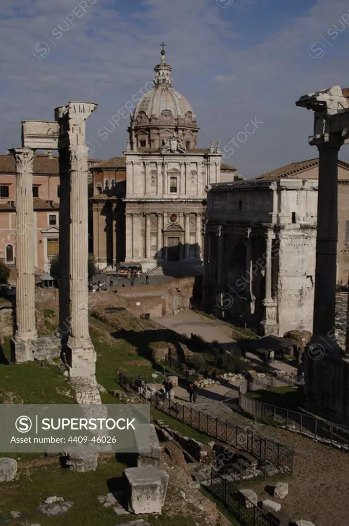 Italy. Rome. Roman Forum. Arch of Septimus Severus and Church Santi Luca and Martina.