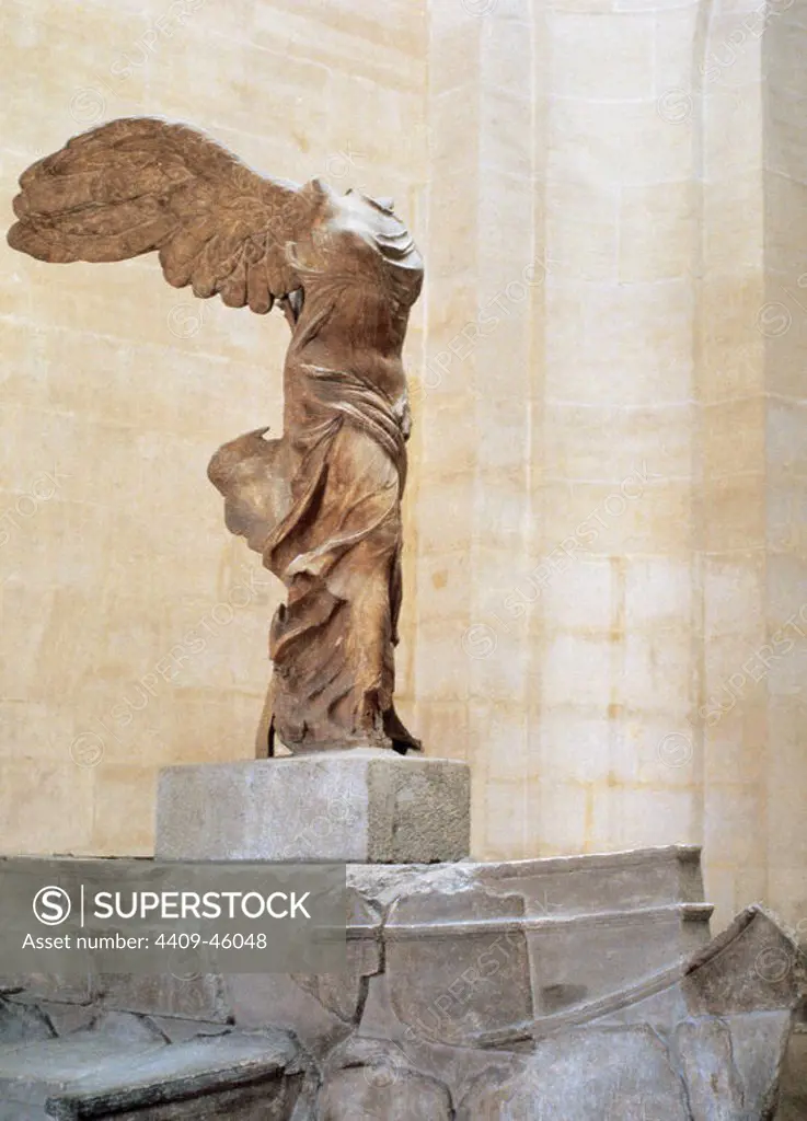 Greek art. Winged Victory of Samothrace or Nike of Samothrace. 2nd century BC. Marble. Sculpture of the greek goodess Nike (Victory). Museum of Louvre. Paris.