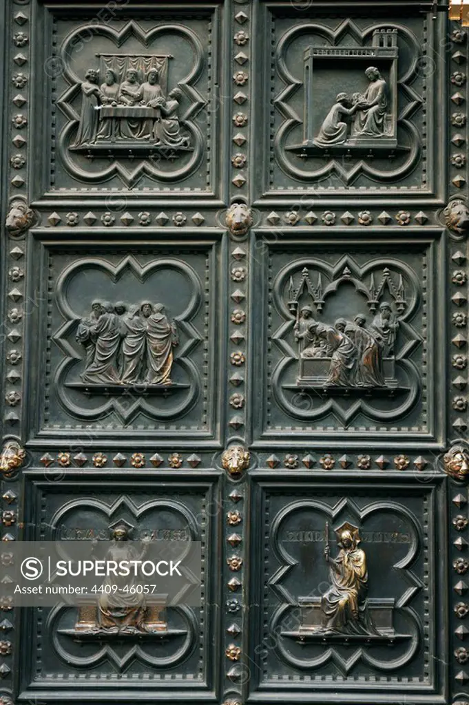 Italy. Florence. South Gate of the Baptistery by Andrea Pisano. His decorative panels depicting the life of Saint John the Baptist.