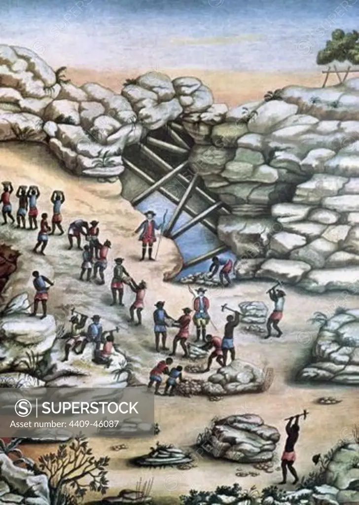 HISTORIA DE AMERICA. BRASIL. ESCLAVOS NEGROS trabajando en las minas para la extracción de diamantes. Grabado del s. XVIII.