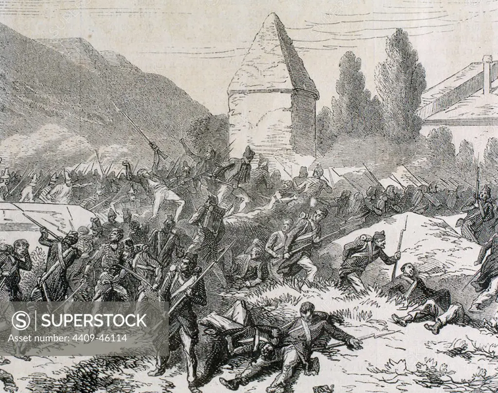 Italian unification (1859-1924). Battle of Volturno (1860). Neapolitans recoil to the other side of the aqueduct of Ponte della Valle. Engraving. "L'Illustration" (1860).