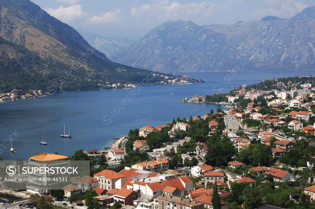 REPUBLIC OF MONTENEGRO. KOTOR. View of the city along the fjord. In 1979 UNESCO declared World Heritage the whole Natural, Cultural and Historical region of Kotor.