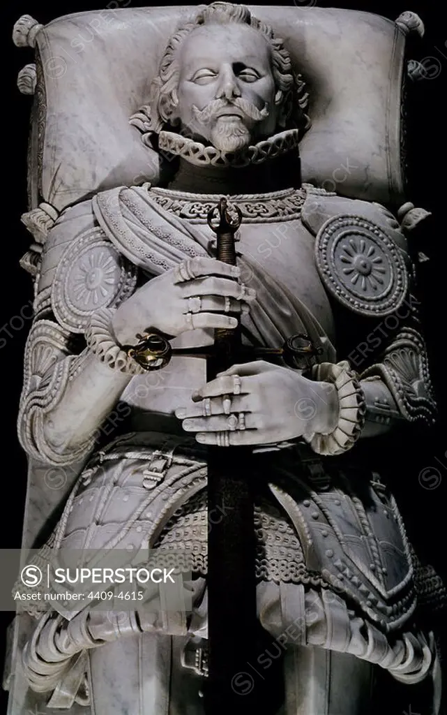 PANTEON DE INFANTES - TUMBA DEL INFANTE DON JUAN DE AUSTRIA (1545-1578) HIJO DE CARLOS V - SIGLO XVIII. Author: GALEOTTI GIUSEPE. Location: MONASTERIO-ESCULTURA. SAN LORENZO DEL ESCORIAL. MADRID. SPAIN. JUAN D'AUSTRIA. FELIPE II HERMANO. Son of Charles V. BARBARA BLOMBERG'S SON.