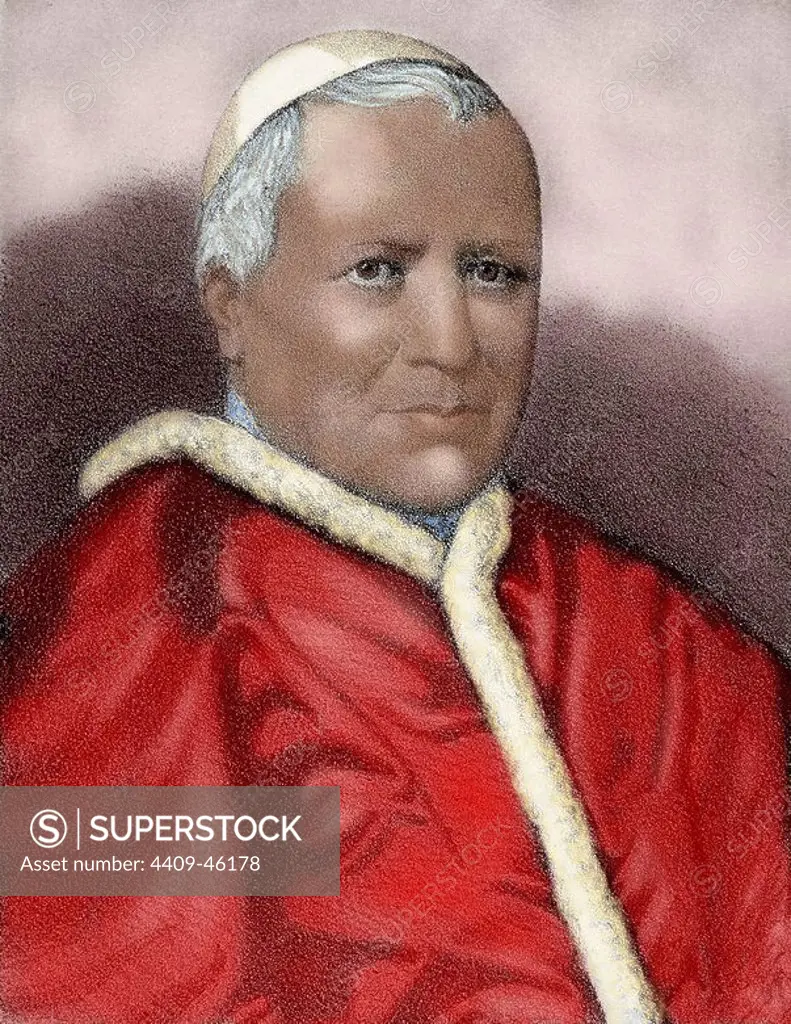 Pius IX (1792-1878). Italian pope, named Giovanni Maria Mastai-Ferretti. Elected in 1846. Convened the First Vatican Council (1869-70). Engraving. Colored.