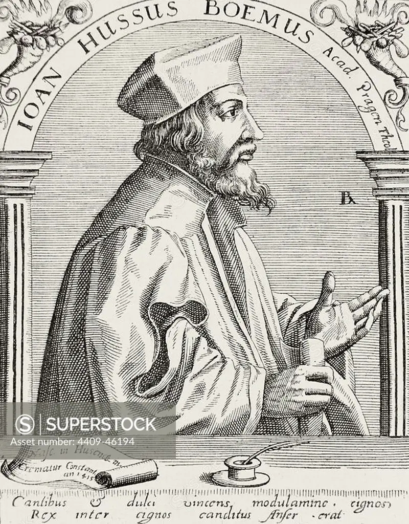 Jan Hus (1369-1415). Czech priest, philosopher, reformer, and master at Charles University in Prague. Excommunicated in 1410 to propagate the doctrines of Wycliffe. Under the protection of King Wenceslas and safe conduct of the Emperor Sigismund, in 1414 attended the Council of Constance, where he was tried and burned for heresy. This triggered the Hussite uprising (1419-1434), history of religious wars. Engraving.