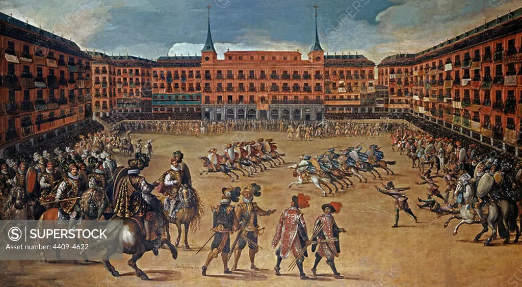 Celebration on the Plaza Mayor for the wedding of the Prince of Wales and Marianne of Austria. Oil on canvas (158 x 285). Madrid, Public museum. Author: JUAN DE LA CORTE (1585-1662). Location: MUSEO DE HISTORIA-PINTURAS. MADRID. SPAIN. PRINCE OF WALES. CARLOS I DE INGLATERRA.