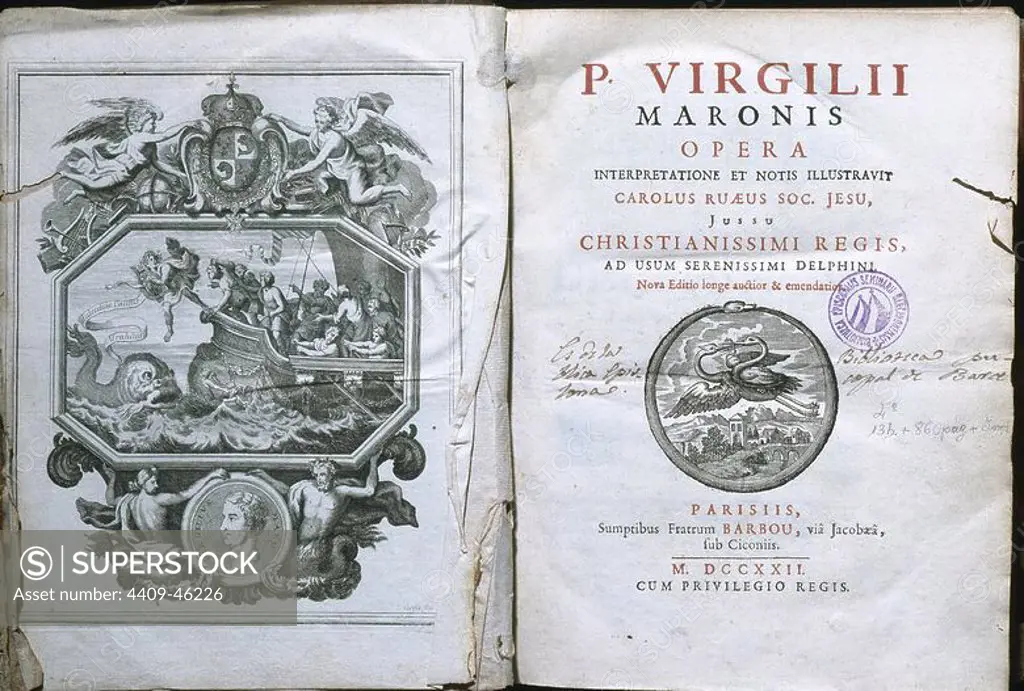 Virgil (70-19 B.C.). Classical Roman poet. Frontispiece and title page of his works published in Paris, 1722.