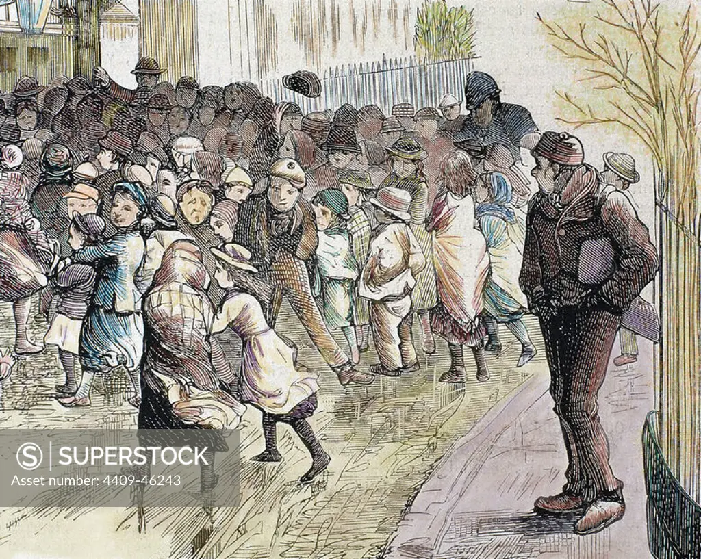 Poverty in Sheffield. Needy kids going to the distribution of food in Vestryhall. Colored engraving in "The Spanish and American Illustration", 1879 by Ovejero.