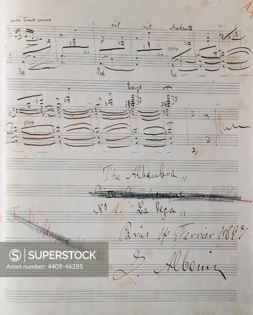 ALBENIZ, Isaac (CamprodUn, 1860-Cambo-les-Bains,1909). Spanish composer and pianist. THE ALHAMBRA. N. 1 La Vega. (end of the work). Manuscript signed in Paris, February 1897.