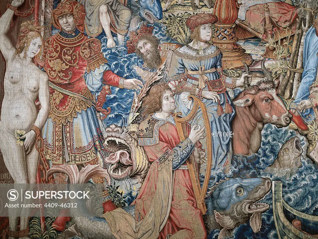 Tapestry Series Honors and Virtues. Detail. Made in Brussels in mid-sixteenth century. Wool, silk and silver. Tapestry Museum. Royal Palace of La Granja de San Ildefonso. Castile and Leon. Spain. National Heritage.