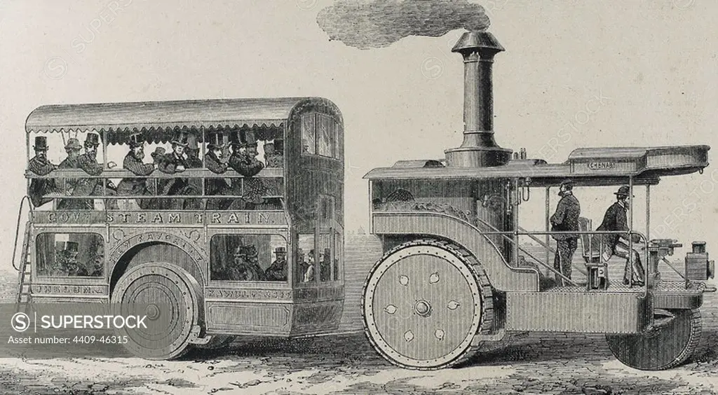 England. Bus powered by steam locomotive. Engraving in "The Spanish and American Illustration" (1872).