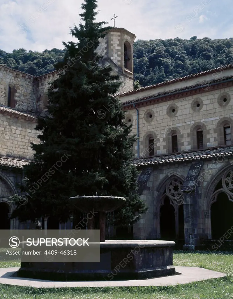 Monastery of Royal Saint Mary of Iranzu. Built between the 12th and the 14th century by Cistercian monks. Cloister. St. James way. Around Estella. Navarra. Spain.