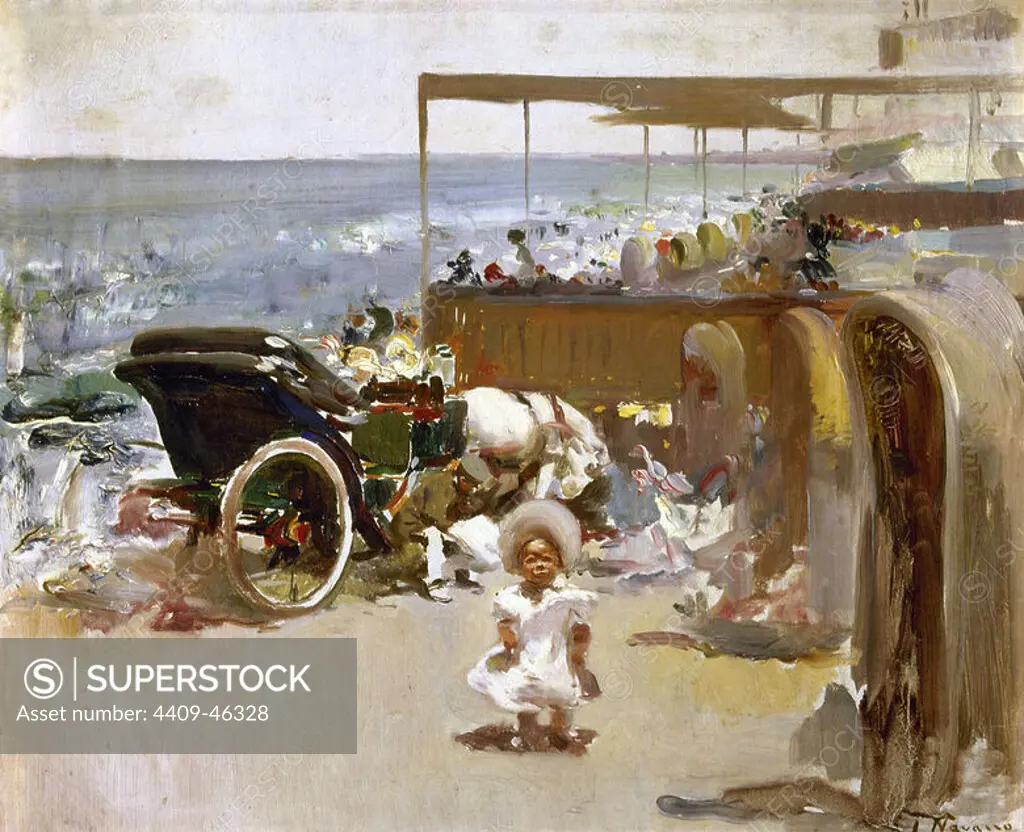 Jose Navarro Llorens (1867-1923). Spanish painter. Carriage and child on the beach (1908-1912). Oil on canvas. Collection Banco Central Hispano.