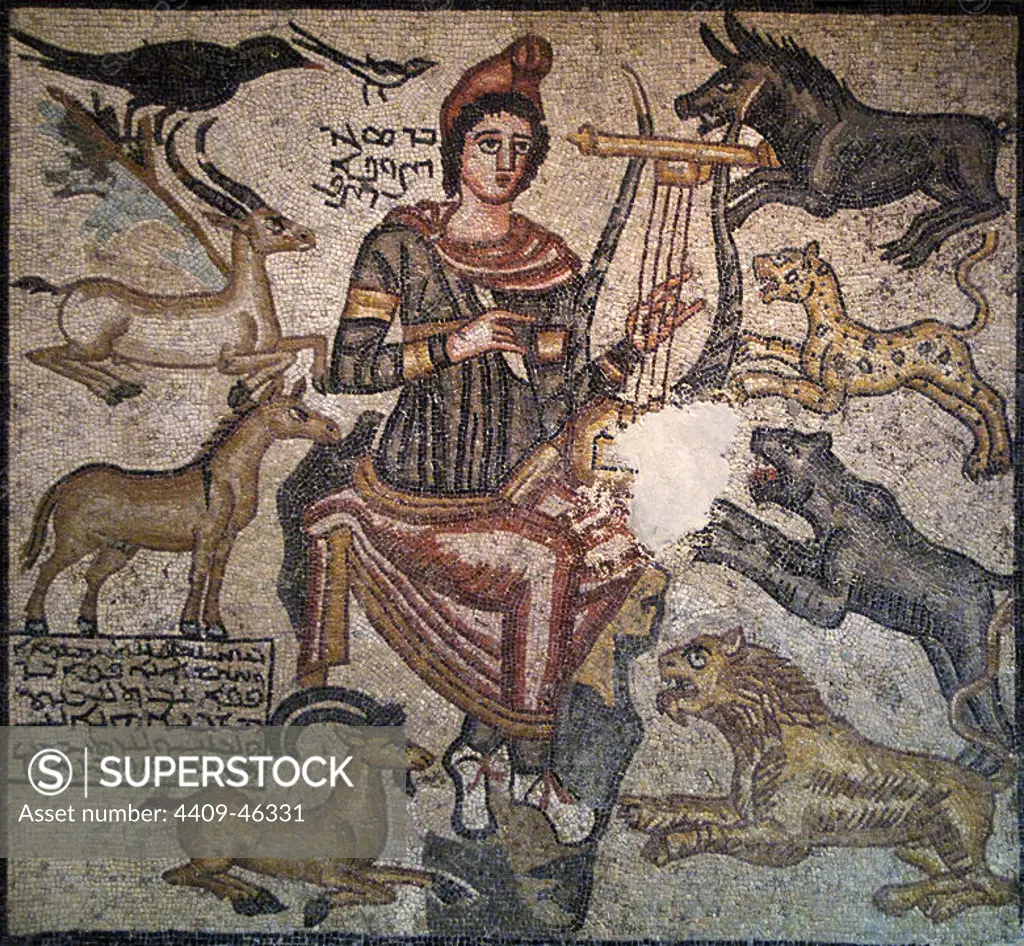 Orpheus Taming Wild Animals. Roman marble mosaic. Dated 194 AD, it was part of the pavement of a Roman building. Near Edessa. Dallas Museum of Art. State of Texas. United States.