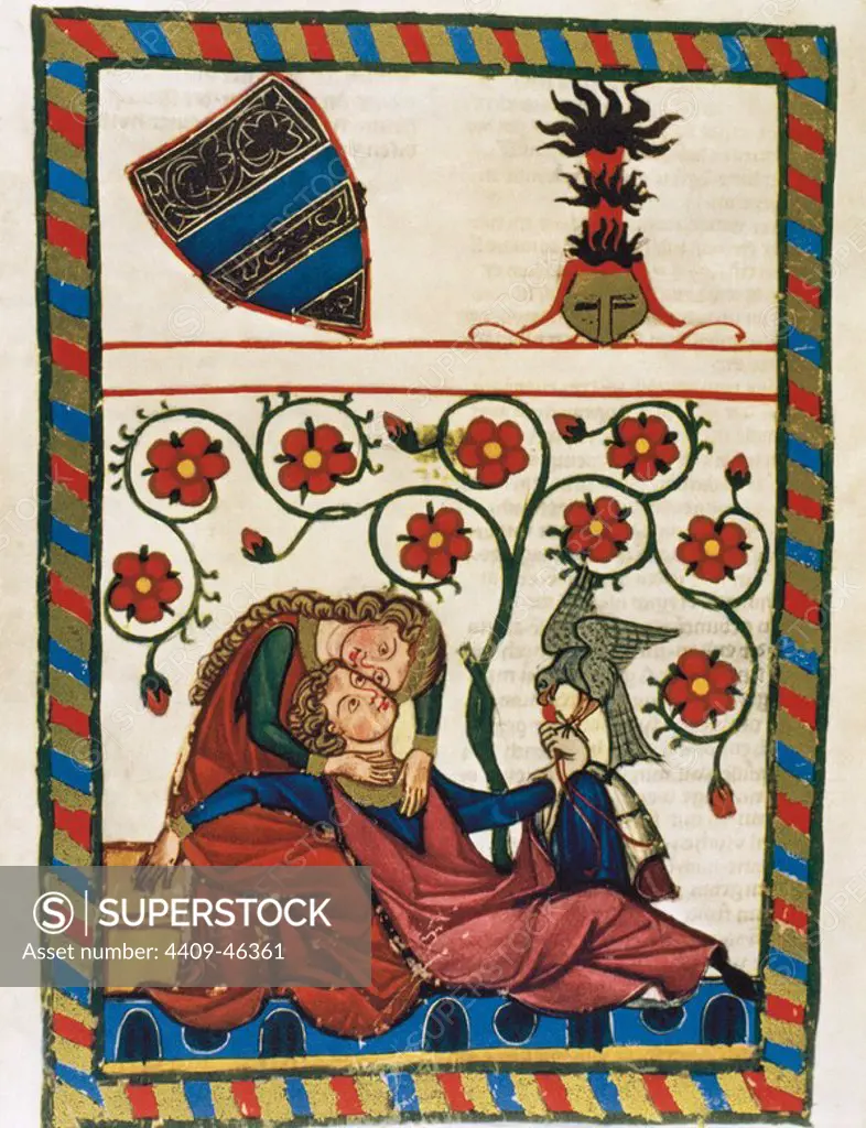 Konrad Von Altstetten, Swiss ministerial rests with his beloved after a whipped hunting. Fol. 249v. Codex Manesse (ca.1300) by Rudiger Manesse and his son Johannes. University of Heidelberg. Library. Germany.