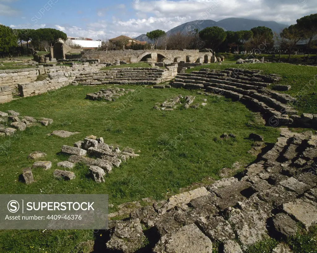Italy. Paestum. Roman Amphitheater. Ruins. 1st century B.C.. Campania. Southern Italy.