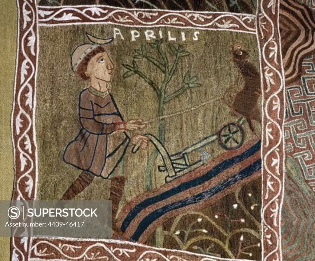 Romanesque Art. 11th century. Tapestry of Creation or Girona Tapestry. April. Flowering tree and a man plowing. Museum of the Cathedral of Girona. Catalonia. Spain.