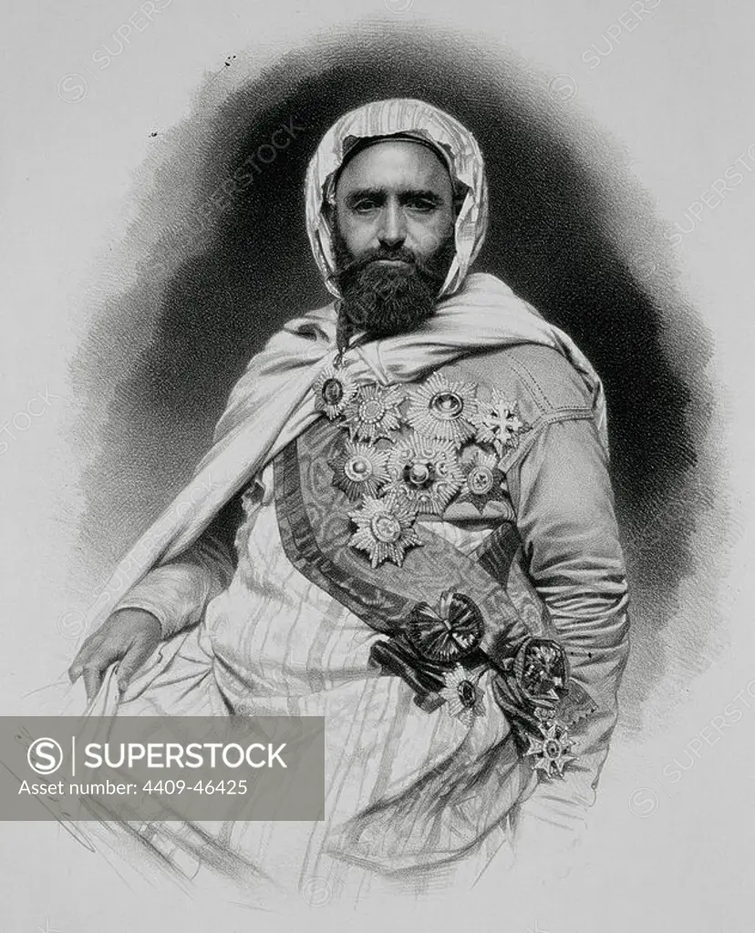 Abdelkader El Djezairi (1808-1883). Algerian political and military. Engraving, 1887.