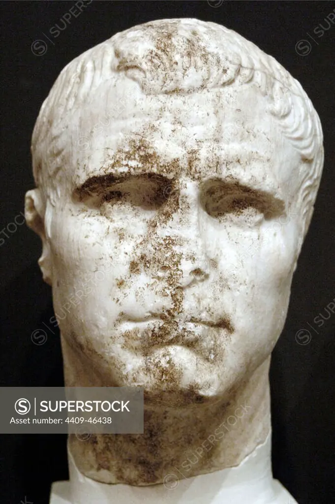 Bust of Marcus Vipsanius Agrippa. Roman general and politician, Octavian Augustus collaborator. He was responsible for many of the military successes of Octavian, among which the naval victory of the Battle of Actium against Antony and Cleopatra VII of Egypt. Located during the excavations of the "Tower of the Inscriptions" in Butrint in the 1980s. Dated in the last quarter of I century b.C. Ruins of Butrint Museum. Republic of Albania.