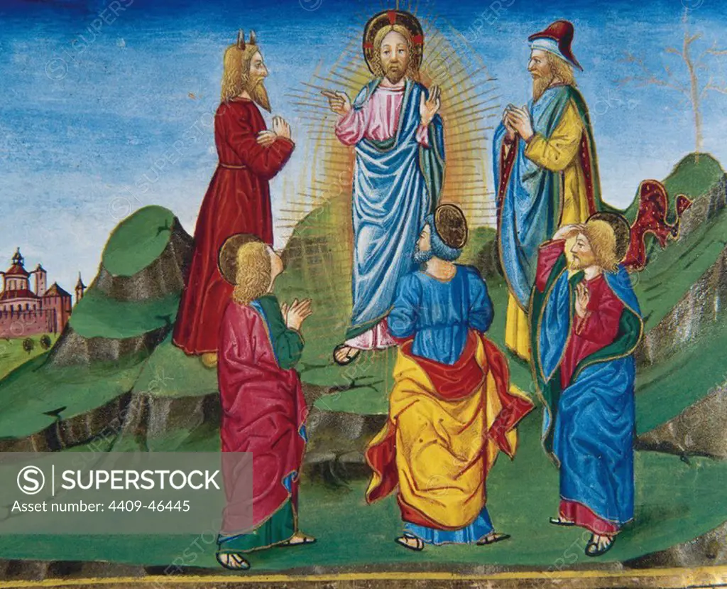 Transfiguration of Jesus in the presence of James, Peter and John. Codex of Predis (1476). Royal Library. Turin. Italy.