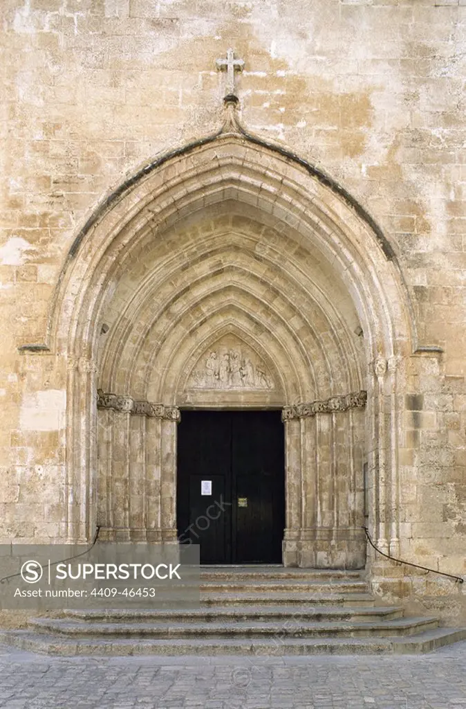 Gothic art. Ciutadella Cathedral, built in the late 13th century and rebuilt in the 16th century after the attack of the Turks. Front. Minorca. Balearic Islands.