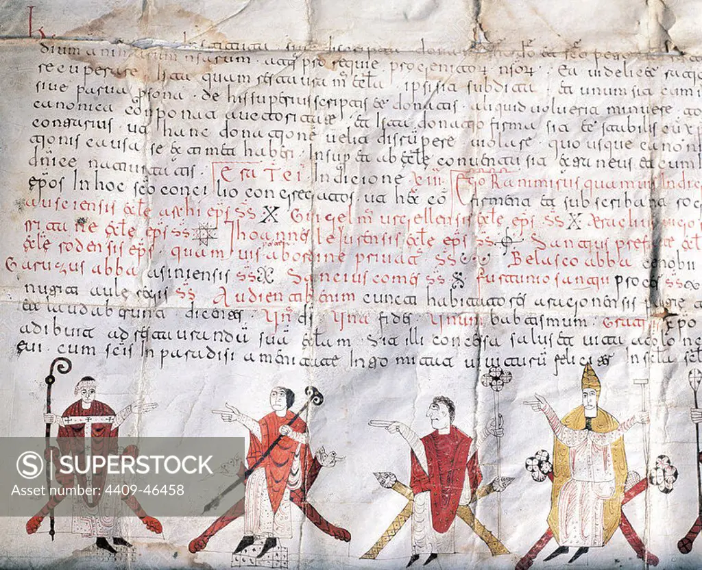 Minutes of the Council of Jaca. 11th century. Fragment of an illuminated scroll. At the bottom, bishops. Diocesan Archives. Huesca's Cathedral. Spain.