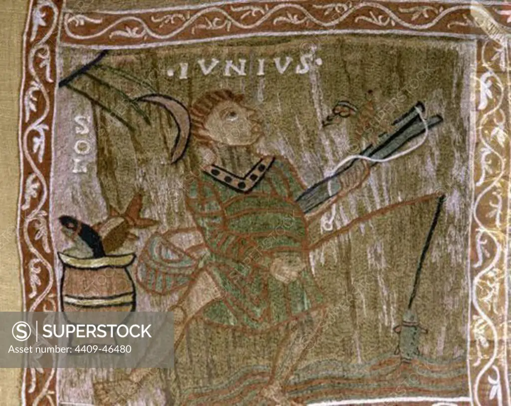 Romanesque Art. 11th century. Tapestry of Creation or Girona Tapestry. June. A fisherman pulling a fish out of water. Museum of the Cathedral of Girona. Catalonia. Spain.