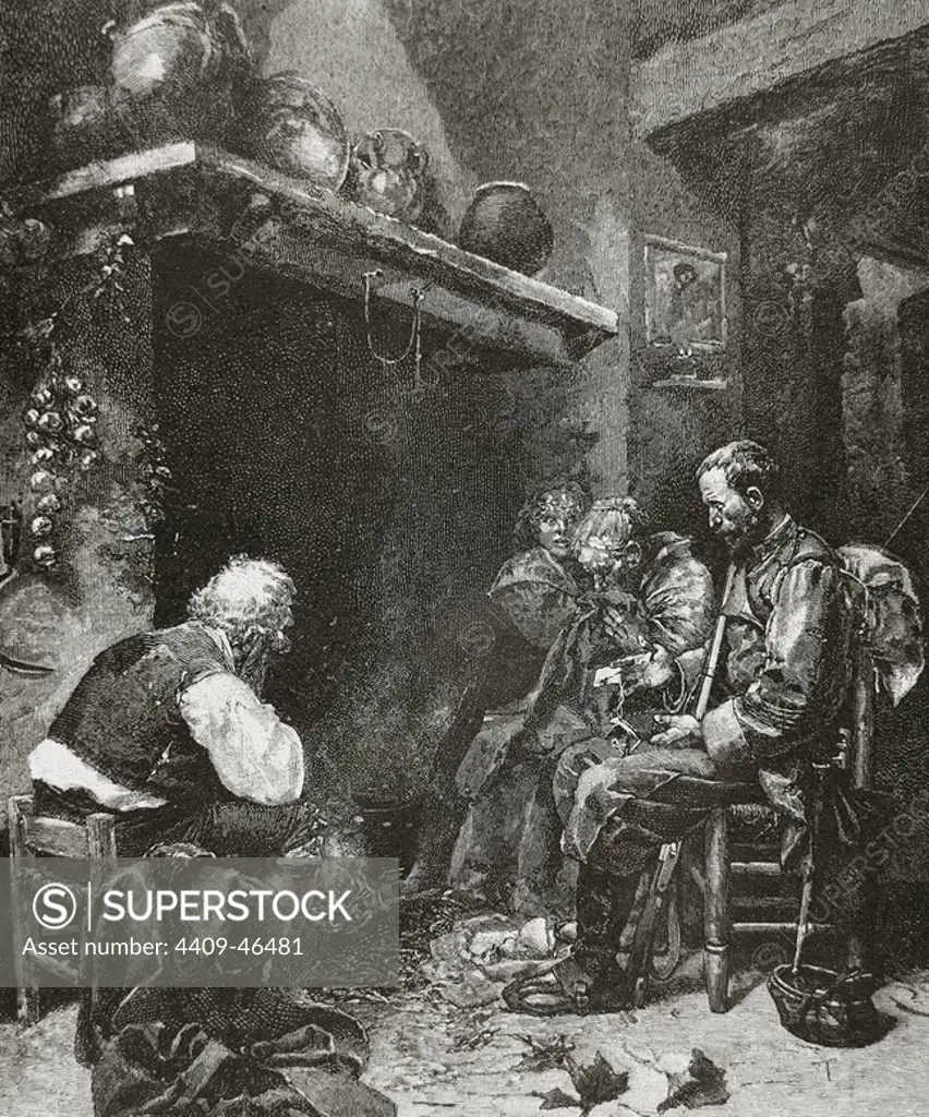 Poor family at home. Early nineteenth century. Engraving.