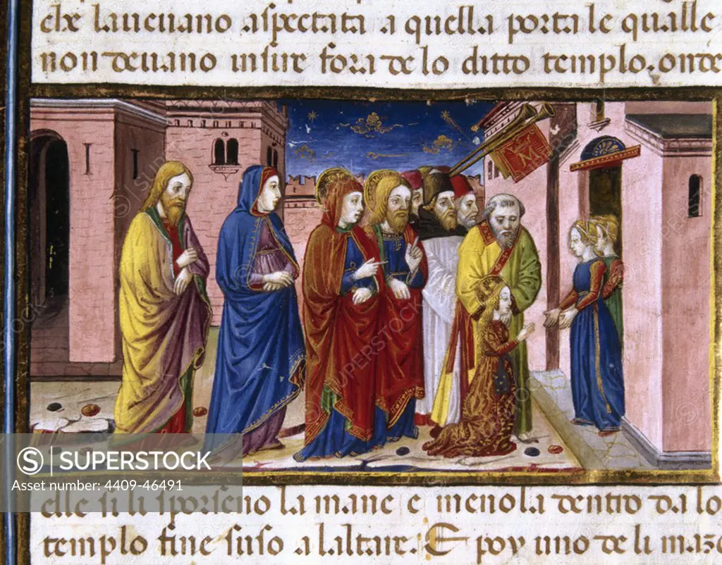 Mary is hosted by the virgins of the temple. Codex of Predis (1476). Royal Library. Turin. Italy.