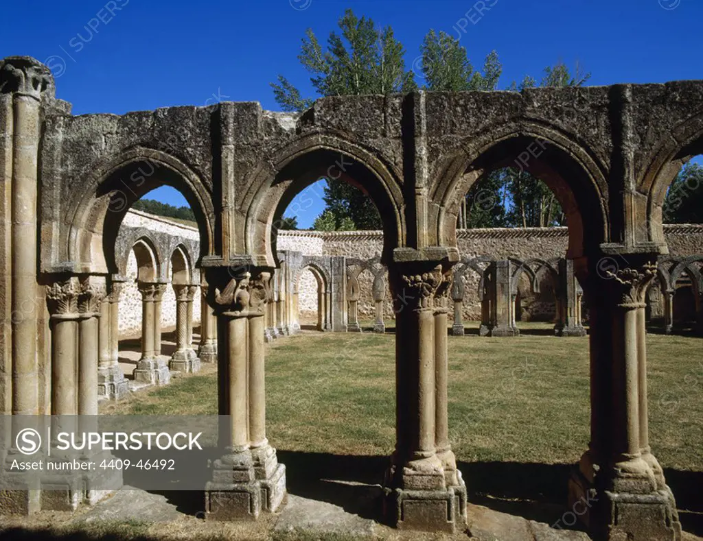Romanesque Art. San Juan de Duero. View of the cloister. XIII century. It contains elements of Romanesque, Gothic, Mudejar style and oriental influences. It was declared a National Monument in 1882. Soria. Castile and Leon. Spain.