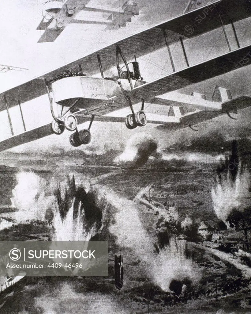 WORLD WAR I (1914-1918). Aerial bombardments by Italian planes on French territory. Drawing.