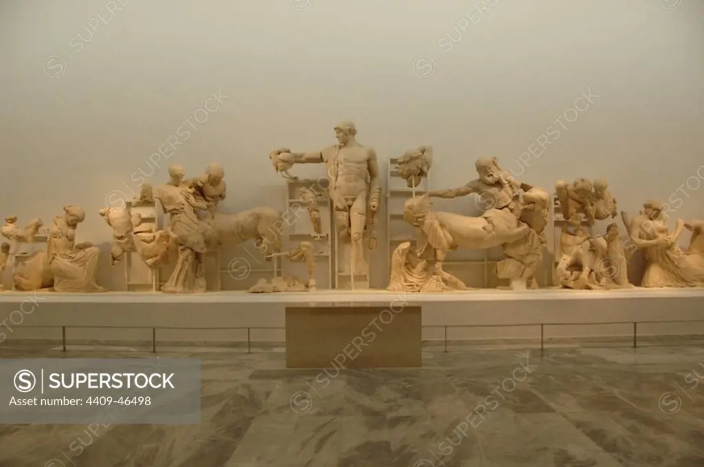 Decoration of the Temple of Zeus in the Sanctuary of Olympia. 5th century B.C. Parian marble sculptures that decorated the west pediment of the temple and represent the struggle of the Lapita and centaurs at the wedding Pirithous. Dated to the year 460 B.C. Olympia Archaeological Museum. Ilia Province. Peloponnese region. Greece.