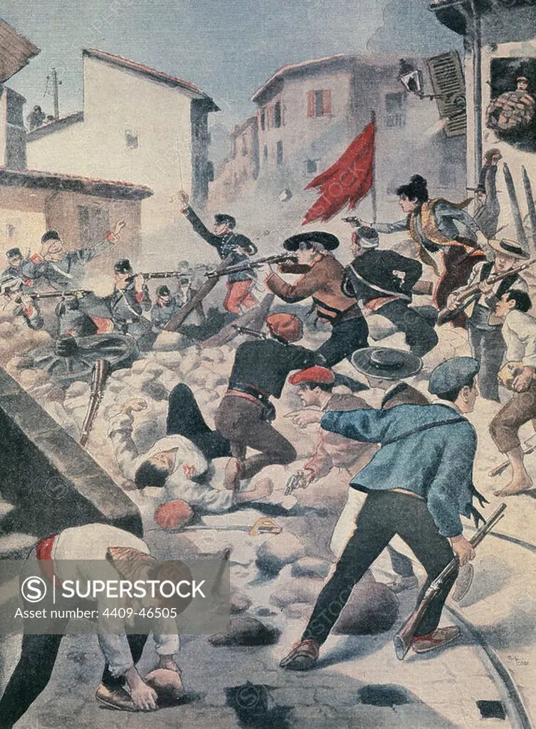 Barricade in the streets of Barcelona (Catalonia, Spain). Riots during the General Textile Strike in the city. February, 1902. Promoted by anarchist groups and labor movements. Gravure in "Le Petit Journal", 9th March, 1902.